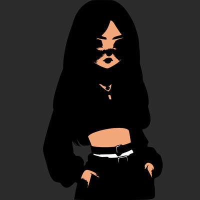 a girl with long black hair wearing a crop top and baggy pants. realistic girl.
