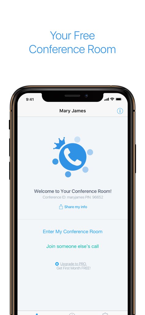 Benutzeroberfläche der KingsConference Mobil-App, die den persönlichen Konferenzraum des Benutzers und Optionen zum Beitreten eines Anrufs zeigt.