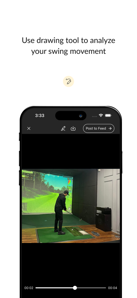 GOLFZON Global app interface showing how to use drawing tools to analyze a golf swing movement in a simulator.
