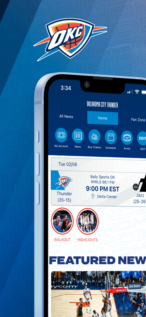 Home interface of the Oklahoma City Thunder app displaying team schedule and featured news