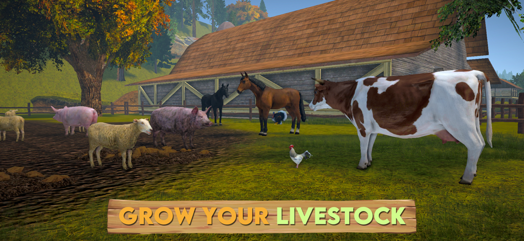 Farm Sim 2024 - A variety of farm animals including cows horses and pigs standing in front of a barn in Farm Sim 2024
