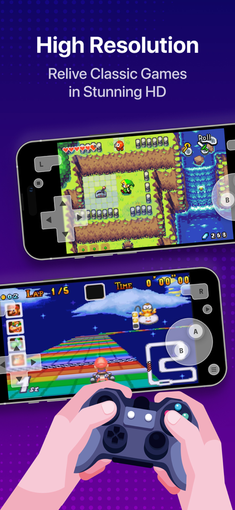 GBA, PSP, DS Game Emulator - Emulador de juegos retro de alta resolución mostrando juegos clásicos en HD en dispositivos móviles.