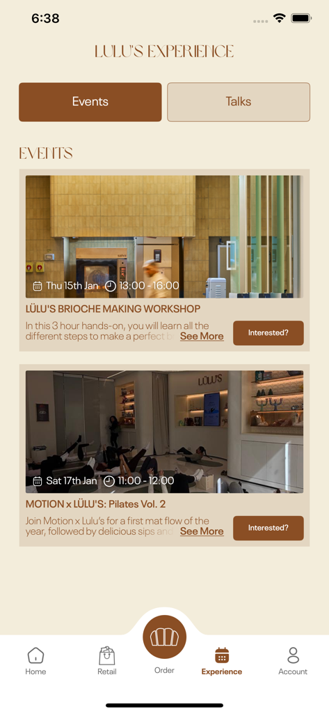 LÜLU'S - LULUS app interface displaying upcoming community events including a brioche workshop and pilates class.