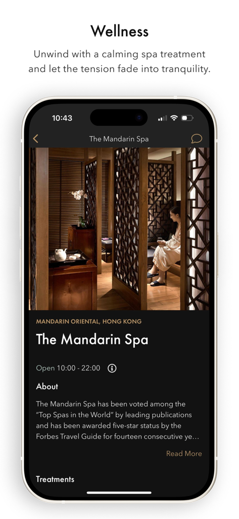 홍콩 만다린 스파의 만다린 오리엔탈 모바일 앱 웰니스 화면