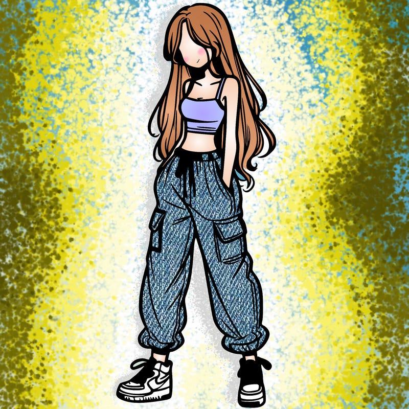 girl in baggy pants crop top and long hair