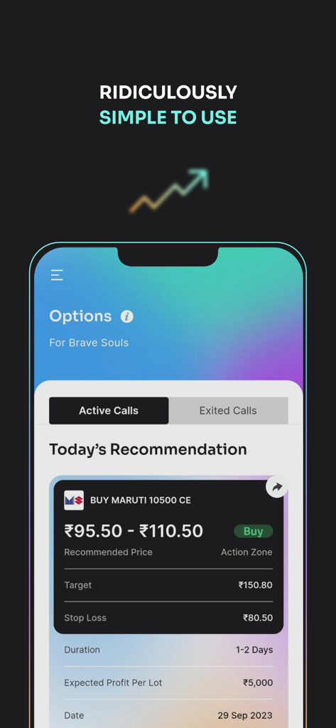 Waya app interface showing simple options trading recommendations and signals.