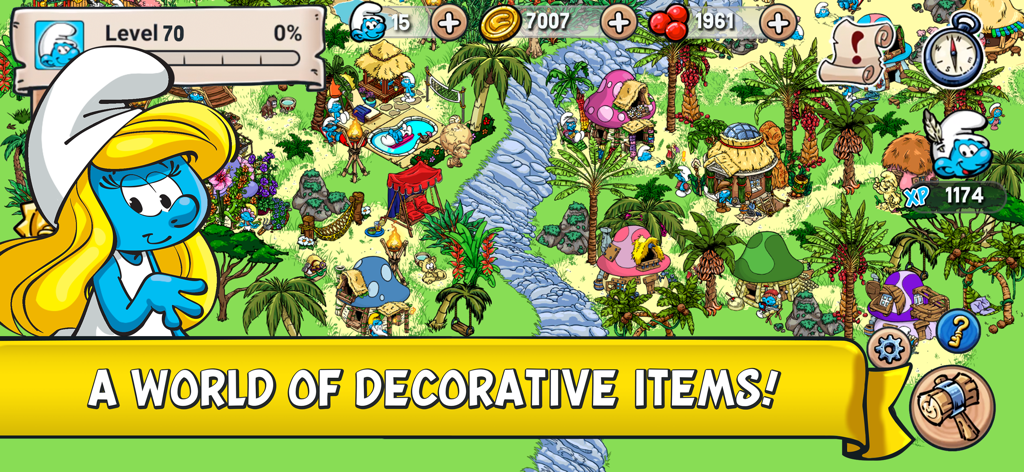 Smurfette showcasing a highly decorated tropical Smurfs village with mushroom houses and palm trees