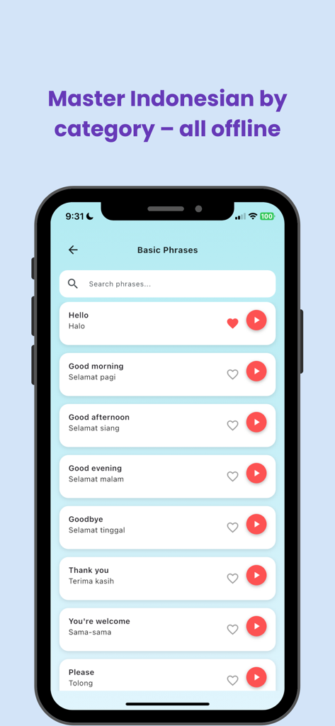 Indonesia Travel Phrasebook - Indonesia Travel Phrasebook app interface displaying basic phrases like Halo and Selamat Pagi with audio playback buttons.