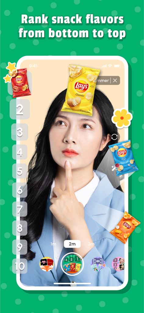 Ranking Challenge: Fun Filter - A young woman using a mobile app filter to rank different flavors of Lays potato chips from one to ten.