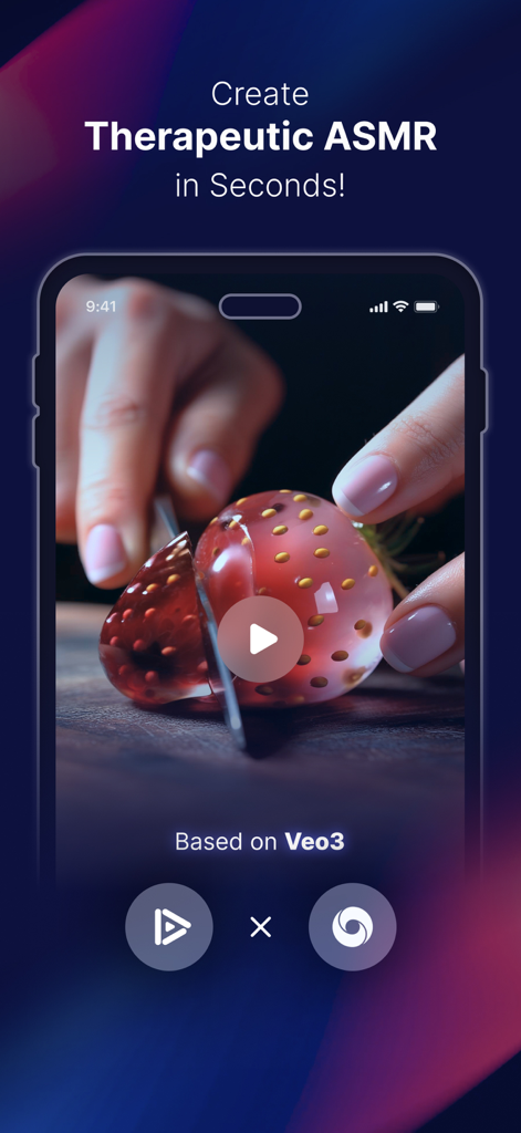 DeeVid - AI Video Generator - DeeVid App-Oberfläche, die eine therapeutische ASMR-Video-Generierung einer geschnittenen Erdbeere zeigt