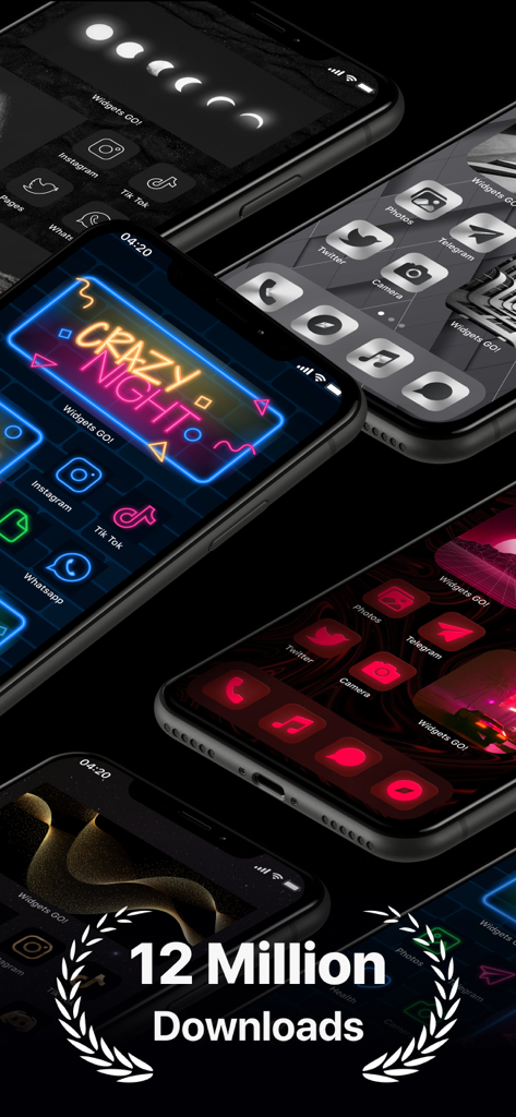 Widgets, Themes & Wallpapers ­ - Una colección de temas y widgets estéticos para pantalla de inicio de iPhone, incluyendo estilos de neón y minimalistas