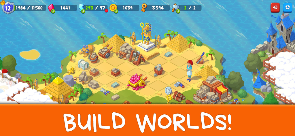 Castle Craft: Merge Quest - Jugabilidad de Castle Craft Merge Quest mostrando una isla temática egipcia con pirámides y gestión de recursos