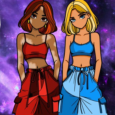 two girls with crop top with baggy pants
