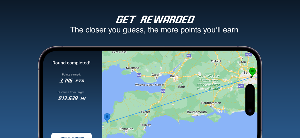 Guess the Spot - GeoGuess Game - Pantalla del juego Adivina el Lugar que muestra los puntos obtenidos y la distancia al objetivo después de una suposición.