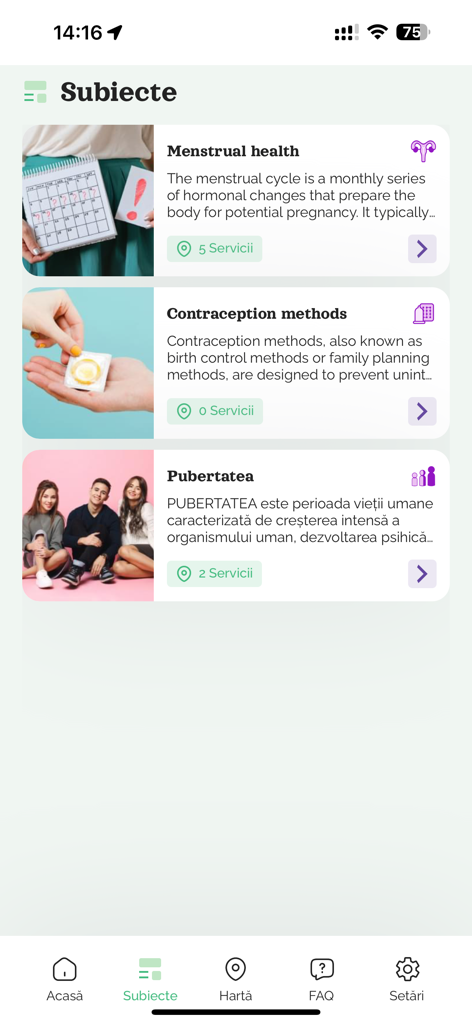 Mobile screen showing health subjects in the YK app including menstrual health contraception and puberty