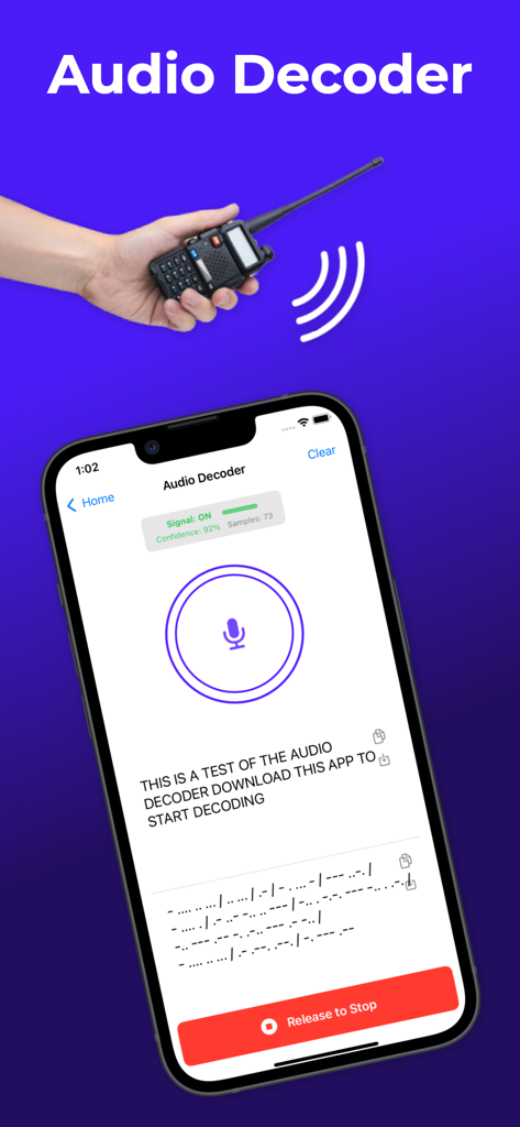 Morse Code Decoder and Encoder - ラジオ信号からのリアルタイムモールス信号音声デコードを表示するスマートフォンの画面