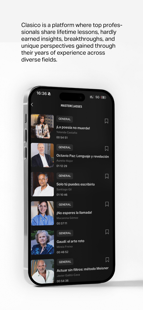 Clasico - shared insights - Smartphone mostrando el directorio de masterclasses de la aplicación Clasico con lecciones y perspectivas profesionales