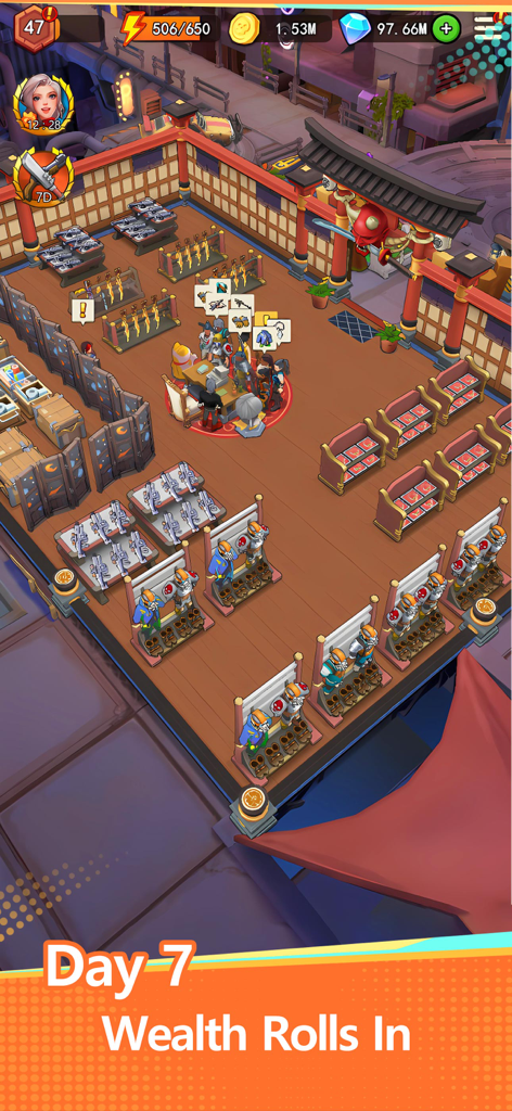 My Forge Shop: Sim Supermarket - マイ・フォージ・ショップのハイレベルなショップ内部。武器や防具の棚があり、カウンターには顧客がいる様子。