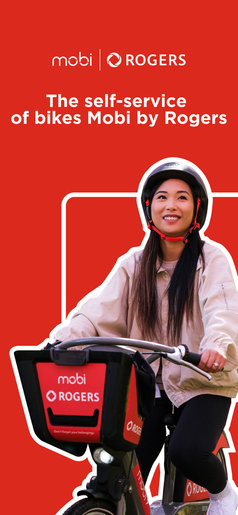 A woman wearing a helmet and riding a Mobi by Rogers bike in Vancouver