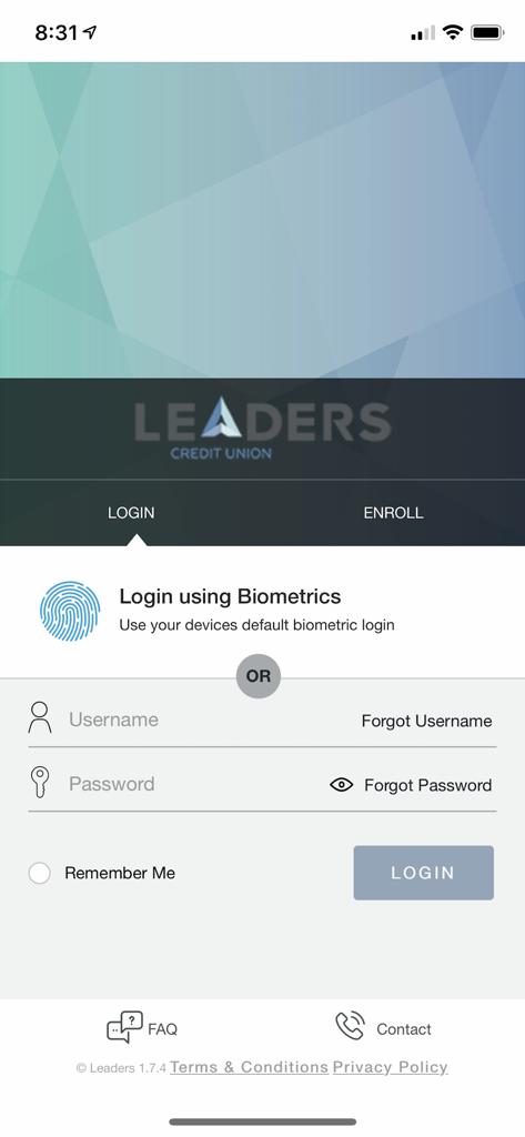 Leaders Card Controls - Login screen for Leaders Card Controls app with biometric and manual login options