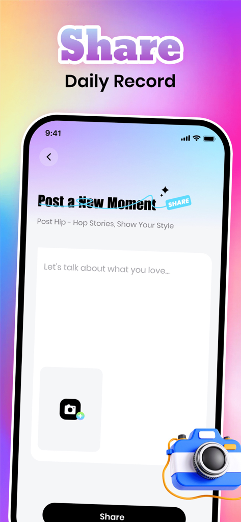 Interface of the Blimi app showing the Post a New Moment screen for sharing hip hop stories and dance styles.