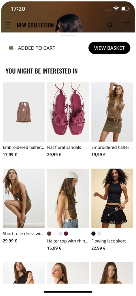 Stradivarius mobile app interface showing a product added to the cart and a section with personalized clothing recommendations.