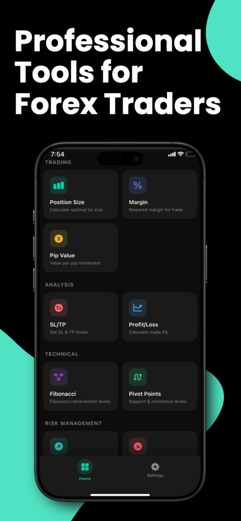 Pantalla de inicio de la aplicación Calculadora Forex que muestra herramientas profesionales para el cálculo del tamaño de la posición, el margen y el valor del pip