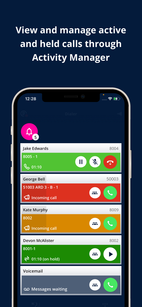 Unigy Mobile Client - Unigy Mobile Client interface showing active and held calls in the activity manager
