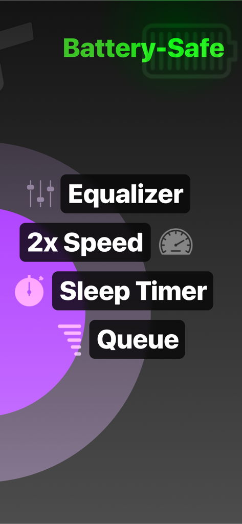 Nota player features displaying battery safe mode equalizer playback speed and sleep timer settings