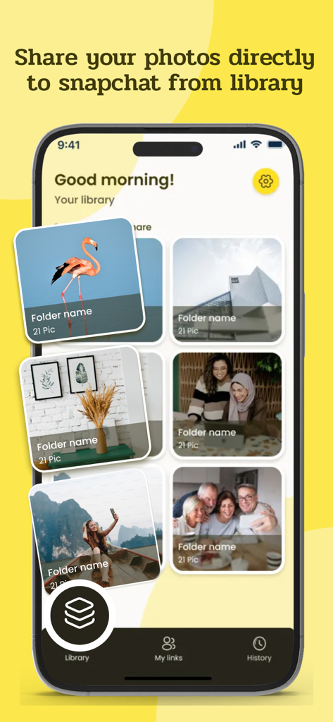 SendSnap app interface displaying a photo library with folders for sharing images to social media.