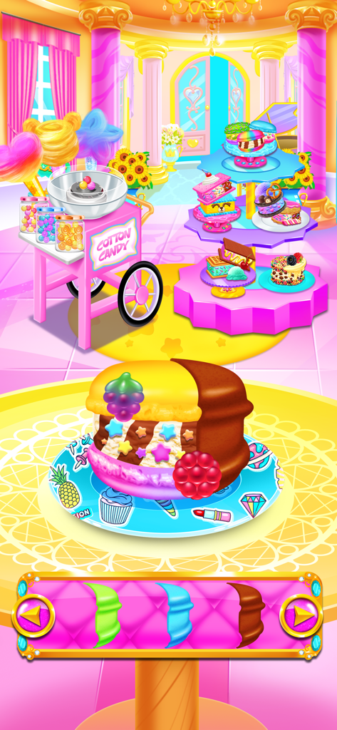 Ice Cream Sandwich Shop - A colorful rainbow ice cream sandwich with star sprinkles and fruit toppings in a dessert shop