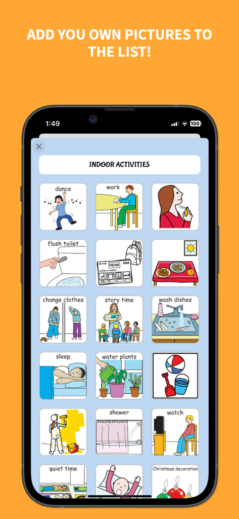 Help me talk - Speech Therapy - A mobile screen showing a grid of visual icons for various indoor activities in a speech therapy app.