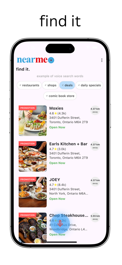 near me ® - Interface of the near me app showing local restaurant search results with voice search bubbles