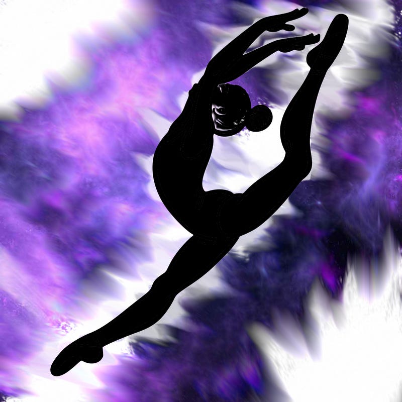 gymnast doing a leap in a leotard with a bent back leg
