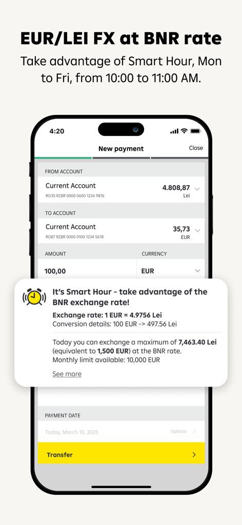 Raiffeisen Smart Mobileアプリの通貨両替画面、スマートアワー中のBNRレートでのEURからLEIへの両替が表示されています。