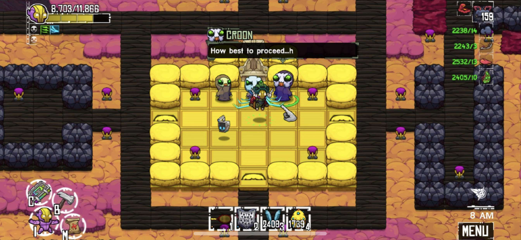 Crashlands - A gameplay screenshot of Crashlands showing a character interacting with alien NPCs inside a custom built base.
