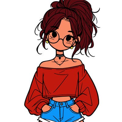 girl with a messy ponytail glasses a baggy crop top and jean shorts