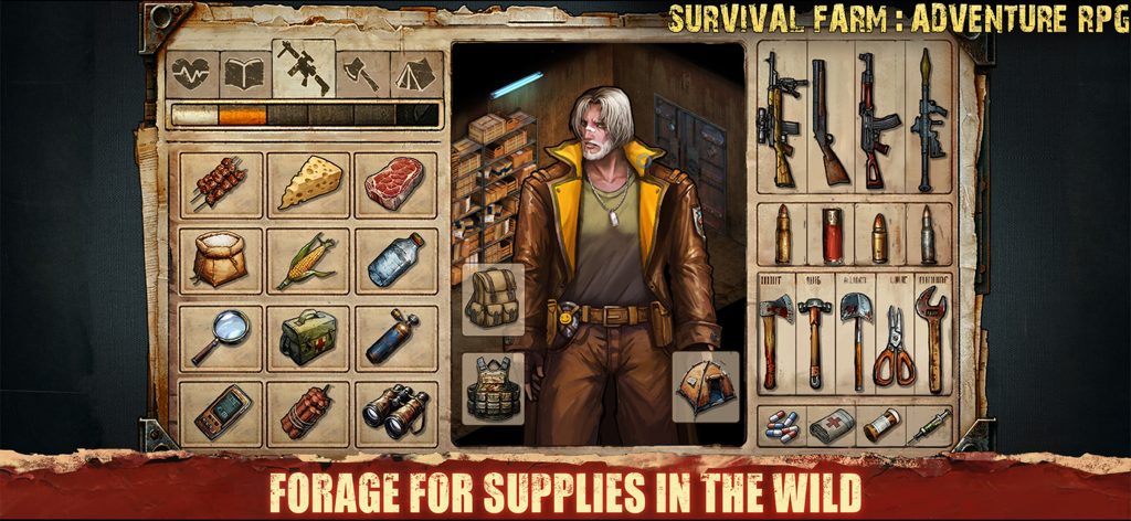 Pantalla de equipo e inventario del personaje que muestra comida, armas y herramientas en el juego de rol de supervivencia en la naturaleza.