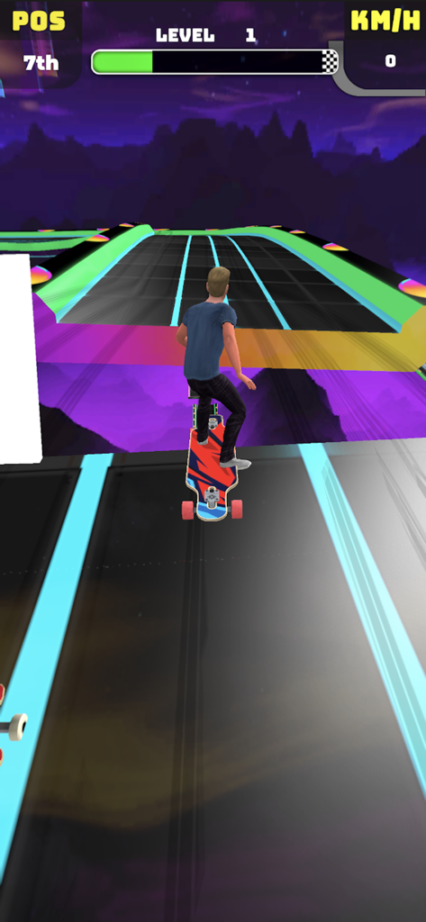 Skate Thrill: Downhill Drift - Um skatista andando de longboard em uma pista neon colorida no jogo mobile Skate Thrill Downhill Drift