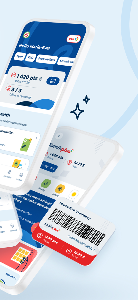 Familiprix - Familiprix mobile app interface showing reward points and digital loyalty card