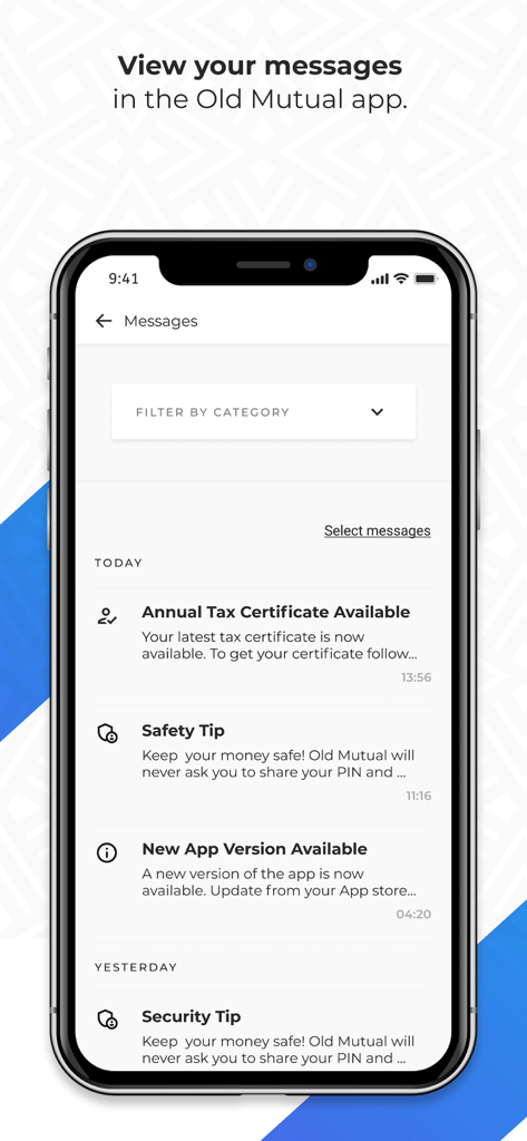 Interface of the Old Mutual app showing the messages section with financial notifications and security tips.