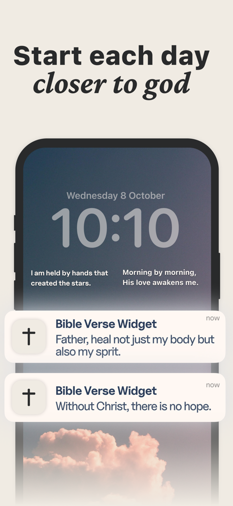Bible Verse Widget & Prayer - Tela de bloqueio estética do iPhone exibindo widgets de versículos bíblicos e notificações de oração diária.