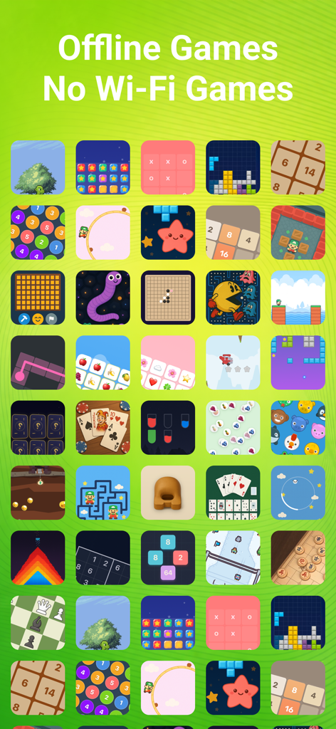 WristJoy - Games for Watch - Una colorida cuadrícula que muestra la biblioteca de más de 30 minijuegos sin conexión disponibles en la app WristJoy para Apple Watch.