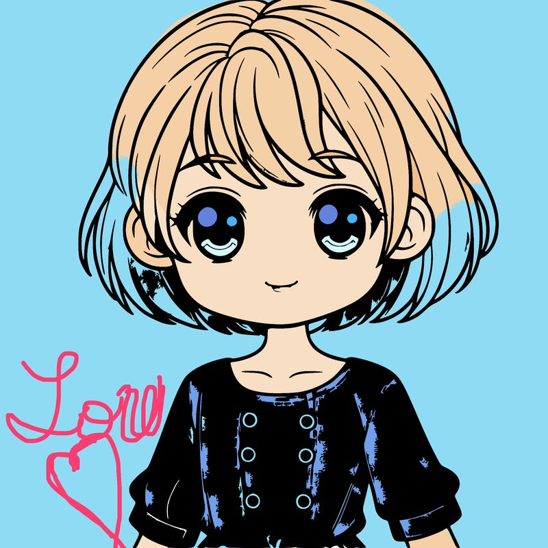 a girl with short blonde hair and blue eyes with blue clothes