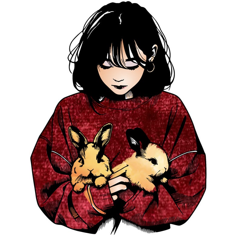 realistic girl with messy bunny baggy sweatshirt and holding bunnies