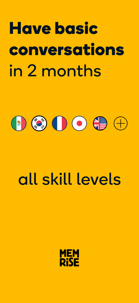 Memrise app promotional screen stating Have basic conversations in 2 months for all skill levels with language flags