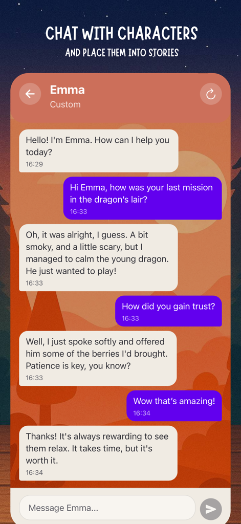 A mobile interface showing a chat conversation with a character named Emma in the Storytize app.