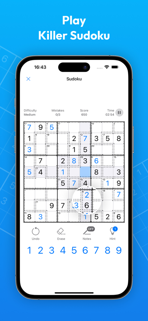 Schermata di gioco Sudoku Killer con una griglia 9x9 e gabbie numerate su un dispositivo mobile.