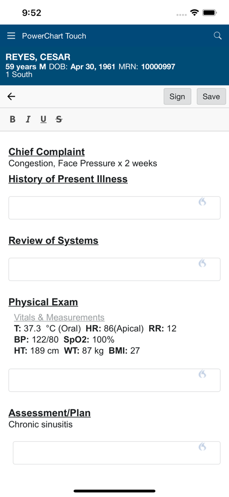 PowerChart Touch - PowerChart Touch mobile app showing a medical encounter note with patient details and vitals
