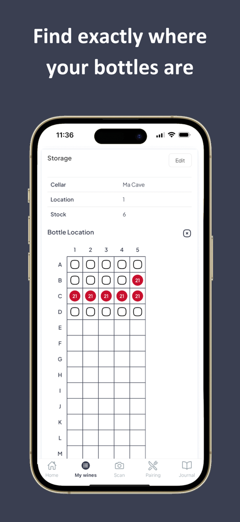 Viniou – Wine Cellar Manager - Smartphone screen showing a wine rack grid for tracking specific bottle locations in the Viniou app.